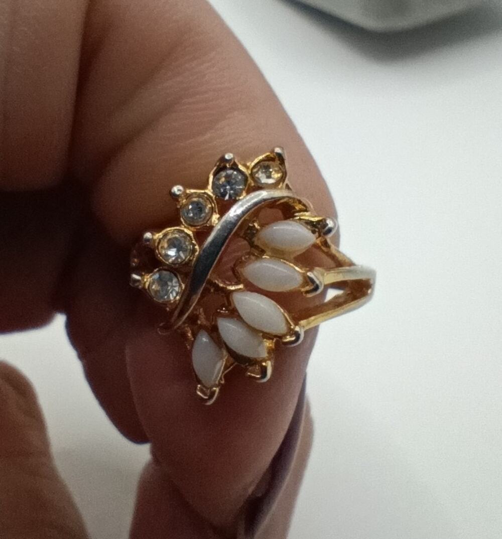 Vintage Uncas Opal & Rhinestone Ring – Size 6 – Gold Plated